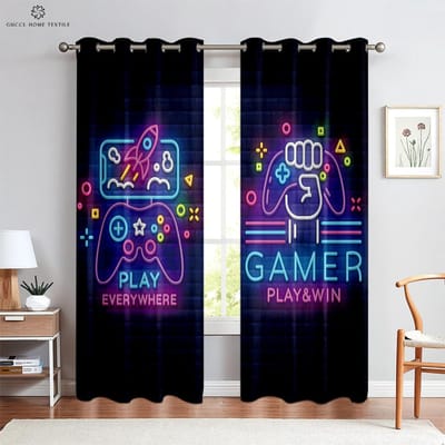 E-Sports Kamer Gordijnen Coole Game Controller Gedrukte Gordijnen Donker Cool Tunnelzak Spelkamer Woonkamer Decoratie Kan Worden Aangepast W50xH130(CM)x2PCS&Grommet Top blue