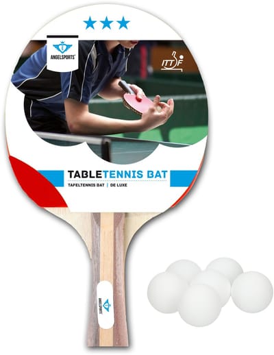 Angel Sports Tafeltennis setje met 1x batje van 3 sterren - en met 12x tafeltennis ping pong balletjes - wit - D4 cm - Sport