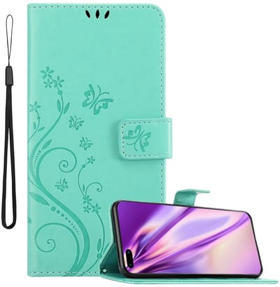Cadorabo Hoesje geschikt voor Huawei P40 PRO / P40 PRO+ in BLOEMEN TURKOOIS - Beschermhoes in bloemmotief met magnetische sluiting, standfunctie en kaartsleuven Book Case Cover Etui