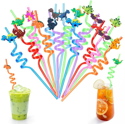 Dailygoods- Rietjes 16 Stuks - Herbruikbaar - Plastic - Dinosaurus - Kleurrijk - Milieuvriendelijk - Feestrietjes