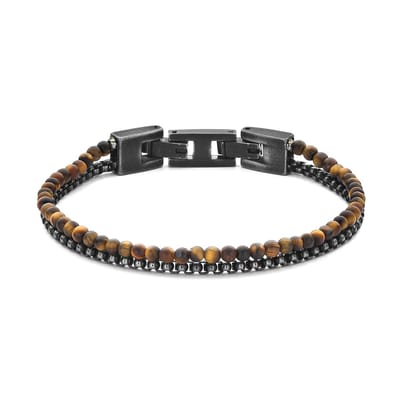 7FB-0845 – Frank 1967 – Kralenarmband heren – Gele Tijgeroog & Staal – Vintage Stijl