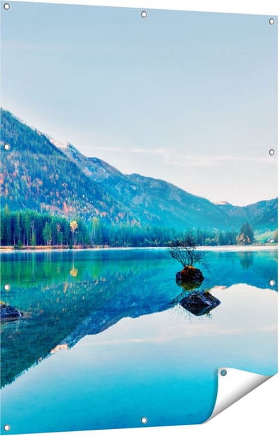 Gards Tuinposter Meer met Herfstbomen - 90x120 cm - Tuindoek - Tuindecoratie - Wanddecoratie buiten - Tuinschilderij