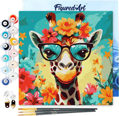 Figured'Art Mini Schilderen op Nummer Volwassenen 20x20cm met lijst Fantasie giraffe en bloemen - Klein Formaat Creatieve Hobby Kit DIY Art Nummer Compleet