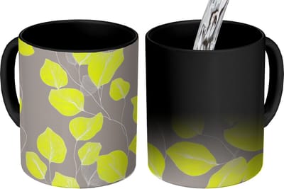 Magische Mok - Foto op Warmte Mokken - Koffiemok - Bladeren - Neon - Geel - Lijnen - Magic Mok - Beker - 350 ML - Theemok