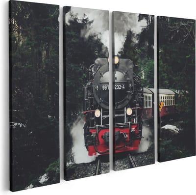 Artaza Canvas Schilderij Vierluik Locomotief in de Bossen met Stoom Wolken  - 80x60 - Foto Op Canvas - Canvas Print