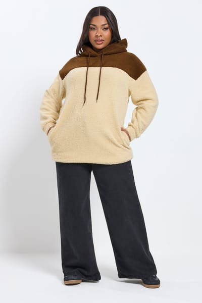 Yours Natuurlijke Bruine Teddy Fleece Hoodie Met Kleurblokken Size 44