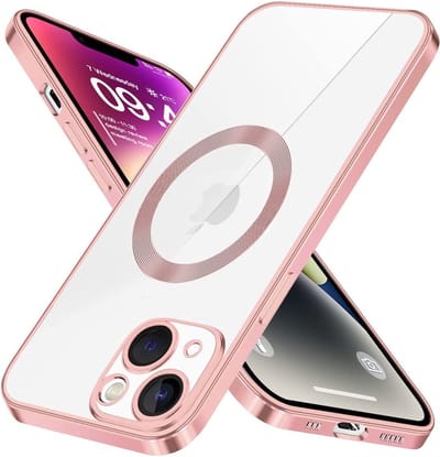 Hoesje Geschikt voor iPhone 14 Magsafe hoes backcover – Lens beschermer – Transparant / Rosegoud