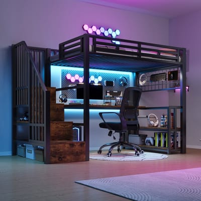 Hoogslaper - 90x200 cm - met Bureau, Opbergtrap, LED en USB-C - Metaal - Zwart