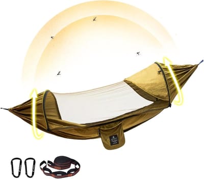 Outdoor Hangmat - Kampeer Hangmat - Ontspannen Buiten - Met Muggennet - 270 x 140 cm - Aardegeel