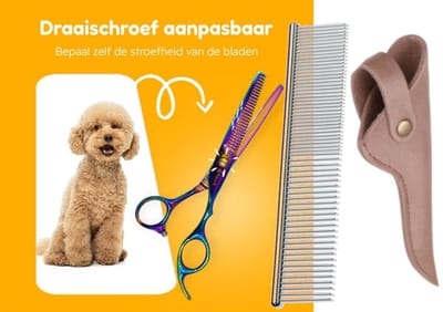 Professor Q – Professionele Effileerschaar 16,5 cm – Rechtshandige Uitdunschaar – Regenboog Design – RVS – Met Luxe Lederen Etui – Brons + Anti-Klit Kam – Pijnloos & Huisdiervriendelijk