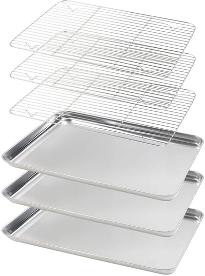 bakplaat met rekset (3 vellen + 3 rekken), voedselveilig materiaal voor bakken, grillen, koelen, aftappen, gemakkelijk schoon te maken en lange levensduur (40,5 x 30,5 x 2,8 cm)