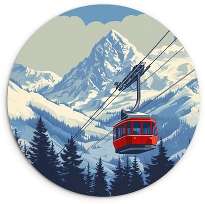 WallCircle® Wandcirkel 120x120 cm - Muurcirkel Kabelbaan - Sneeuw - Berglandschap - Muurdecoratie woonkamer - Wanddecoratie slaapkamer - Kamer decoratie accessoires - Ronde schilderijen XXL