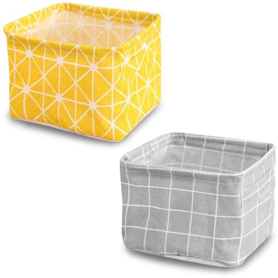 Dailygoods- Opbergmand - 2 Stuks - Katoen - 18 x 16 x 14 cm - Vouwbaar - Geel/Grijs - Handvatten - Opbergdoos