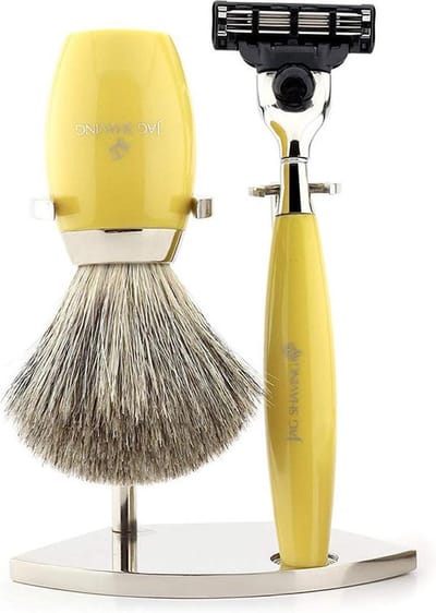 Klassieke Scheerset Heren Geel – 3-delige Scheerset met 3-Edge Cartridge Scheermes, Synthetische Scheerkwast en Scheerstandaard – Cadeau voor Mannen