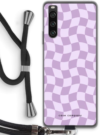 Case Company® - Hoesje met koord geschikt voor Sony Xperia 10 IV hoesje met Koord - Grid Paars - Telefoonhoesje met Zwart Koord - Bescherming aan alle Kanten en Over de Schermrand