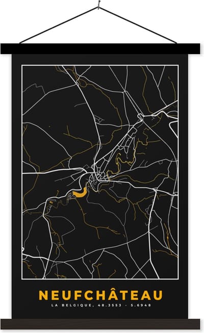 Posterhanger incl. Poster 40x60 cm - Schoolplaat - Stadskaart - Neufchâteau - Kaart - Plattegrond - Goud - Textielposter - Zwarte latten - Stadskaart