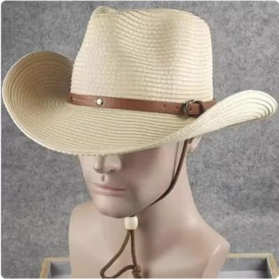 57-62CM Een stijlvolle breedgerande westerse cowboyhoed voor mannen en vrouwen, jazzhoed, zomerse strandzonnehoed met windtouw 61-62cm beige