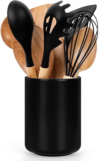 Allecto - Keukenmaterialen Container - Bestek Caddy - Keramieken Gereedschap Houder - Zwarte Organizer - Porseleinen Kookgereedschap - Geschikt vo