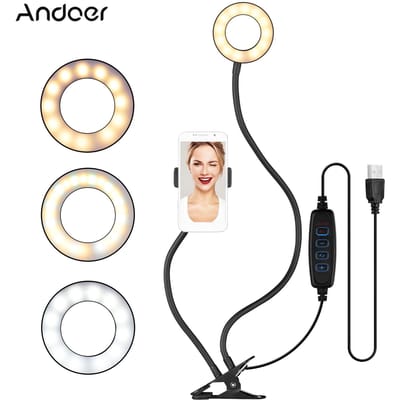Webcam Lichtstatief 3,5 Inch Clip-On Mini USB Ringlamp 3 Verlichtingsmodi Dimbaar Flexibel zwart