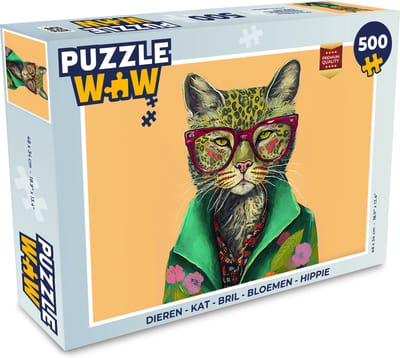 Puzzel Dieren - Kat - Bril - Bloemen - Hippie - Legpuzzel - Puzzel 500 stukjes