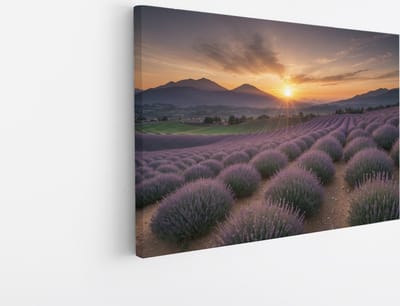 Saammp Canvas Schilderij - Landschap - Lavendel met bergen - Natuur - 45x30 - Foto op canvas - Wanddecoratie - Muurdecoratie Woonkamer - Slaapkamer decoratie - Canvas Print