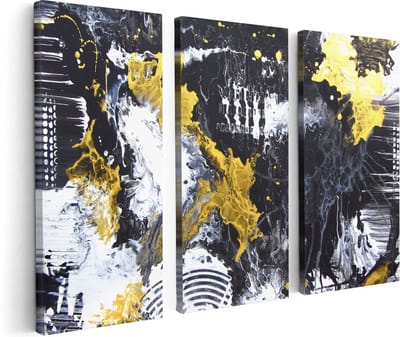 Artaza Canvas Schilderij Drieluik Abstracte Kunst met Zwart, Wit en Goud - 120x80 - Foto Op Canvas - Canvas Print
