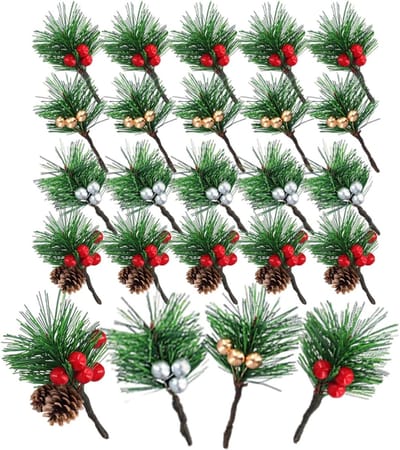Natuurlijke Kunststof Denn takken met Rode Bessen en Dennenappels voor Kerstdecoratie, DIY Kerstguirlandes en Winterbruiloften - Set van 20 Stuks