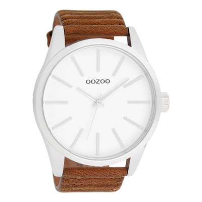 OOZOO Timepieces - Zilverkleurige horloge met bruine leren band - C9410