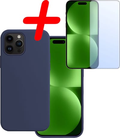 Hoesje Met Screenprotector - Geschikt voor Apple iPhone 15 Pro - Sterk & Shockproof - Back Cover - Siliconen Case - Telefoon Hoes - Donkerblauw