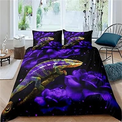 Hagedis Dekbedovertrek Set Reptiel Beddengoed Sets King Size voor Jongens Meisjes Pad Tropisch Dier Paars Bloemen Exotisch Dekbedovertrek 150X200cm 3pcs