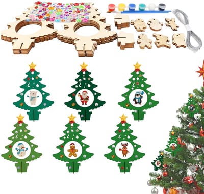 Dailygoods- Kersthangers 12 Stuks - Houten Ornamenten - Doe-Het-Zelf Kerstdecoratie - Veilig voor Kinderen - Inclusief Kleur en Accessoires - Massief Hout