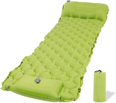 Zelfopblazende ultralichte slaapmat voor kamperen in de buitenlucht, groene luchtmatras zelfopblazend met voetpomp, opvouwbare slaapmat met kussen, kleine verpakkingsgrootte, groen