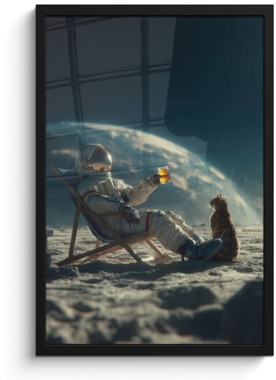 Poster in lijst - Fotolijst 40x60 cm - Posters - Astronaut - Kat - Glas - Stoel - Posterlijst zwart - Decoratie - Wanddecoratie woonkamer - Muurdecoratie slaapkamer