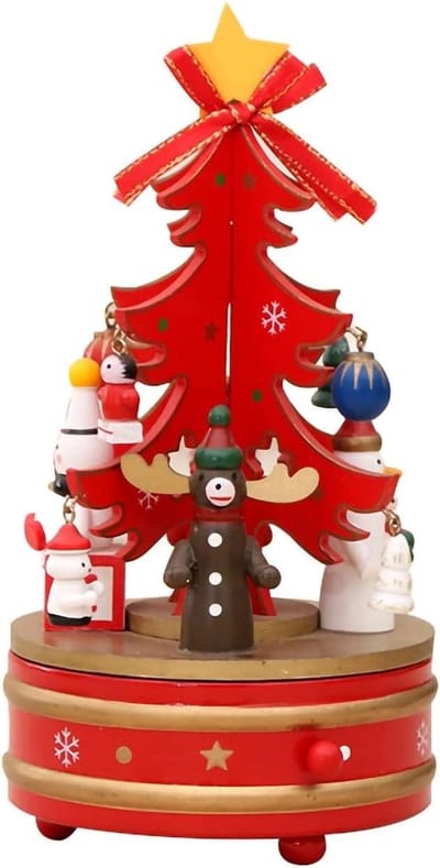 Houten Muziekdoos - Kerst Decoratie - Cadeau Geven - Roterende Figuurtjes - 11 x 11 x 21 cm - Houtkleur