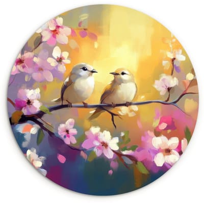 WallCircle® Wandcirkel 120x120 cm - Muurcirkel Vogels - Bloemen - Roze - Muurdecoratie woonkamer - Wanddecoratie slaapkamer - Kamer decoratie accessoires - Ronde schilderijen XXL