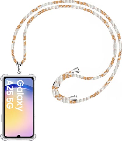 Telefoonkoord + Hoesje Geschikt voor Samsung Galaxy A25 - Lengte Verstelbaar - Telefoonketting - Shock Proof Case - Wit Goud