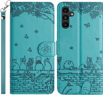 BookCover Hoes Etui geschikt voor Samsung Galaxy S24 Plus - S25 Plus - Turquoise - Katten Muur - Reliëf