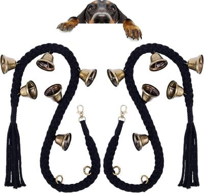 Hondenbel - 2 stuks huisdierbel - Wordt geleverd met 6 bellen - 75~78 cm - Voor zindelijkheidstraining - Handgeweven - Gemakkelijk voor hondentraining - Verstelbaar - Hangende deurbel - Geschikt voor kleine, middelgrote en grote honden - Zwart