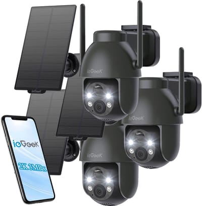 ieGeek 2K PTZ Bewakingscamera Buiten Draadloos met Batterij, Solar WiFi Beveiligingscamera voor thuis met Zonnepaneel en PIR Bewegingsdetectie, Kleuren Nachtzicht CCTV IP Camera Security - zwart - 3 stuks