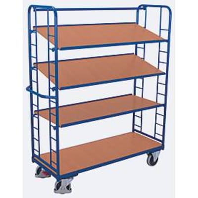 Etagewagens, staal/MDF-plaat, decor gentiaanblauw/beuken, 4 etages, 1355 x 550 mm, kopwanden met ronde stalen verstijvingen, EasySTOP, tot 250 kg