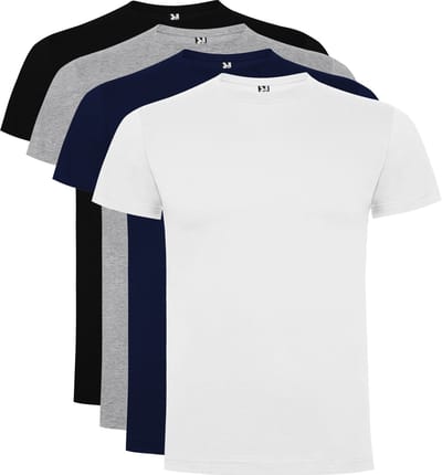 4 Pack Dogo Premium Unisex T-Shirt merk Roly 100% katoen Ronde hals Zwart, Wit, Lichtgrijs gemeleerd, Donker Blauw Maat XL