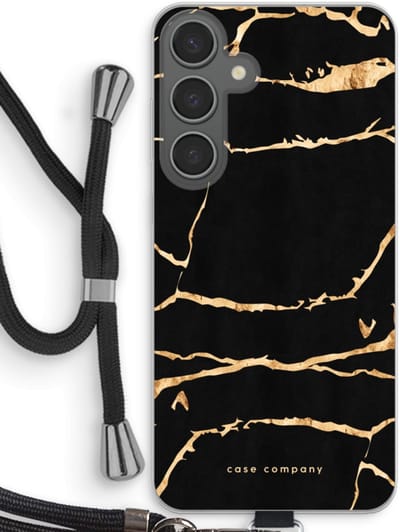 Case Company® - Hoesje met koord geschikt voor Samsung Galaxy S24 Plus hoesje met Koord - Gouden marmer - Telefoonhoesje met Zwart Koord - Bescherming aan alle Kanten en Over de Schermrand