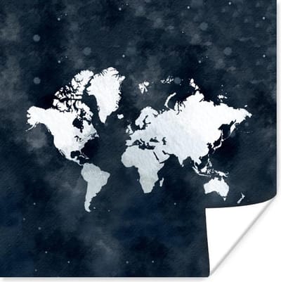 Poster 30x30 cm - Wereldkaart - Nacht - Blauw - Posters - Kamer decoratie - Wanddecoratie woonkamer - Muurdecoratie slaapkamer