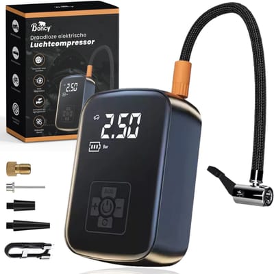 Boncy® Elektrische Fietspomp met Drukmeter - Geschikt voor Autobanden Voetbal Basketbal Ballen Fiets - Luchtcompressor Bandenpomp Lucht Compressor - Elektrisch Balpomp Draadloze Draagbare Luchtpomp - Bal Pomp Accu Draadloos Electrisch 12v Autoband