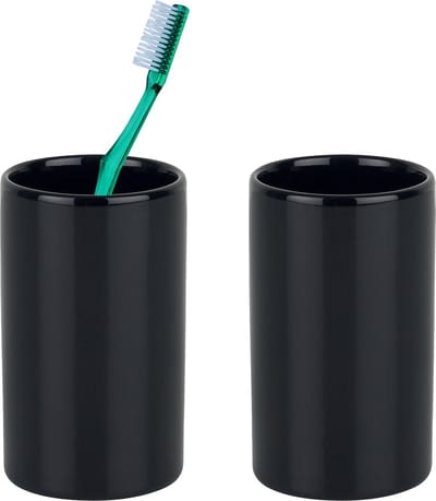 Spirella Badkamer drinkbeker/tandenborstelhouder Sienna - 2x - porselein - glans zwart - 7 x 11 cm