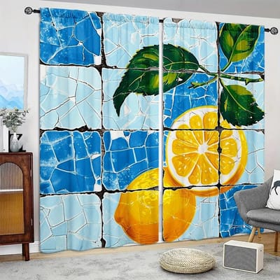 2 stuks Zomer Citroen Bedrukt Gordijn voor Huisdecoratie - Tunnel voor Roede Raambekleding voor Slaapkamer, Kantoor, Keuken, Woonkamer en Studiekamer 52.5cmX116cmX2pcs blue