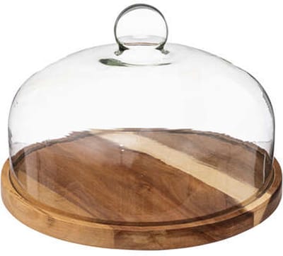 Secret de Gourmet dienblad met glazen stolp - acacia hout - 30 cm - serveerplank/kaasplank/cake platter - rond