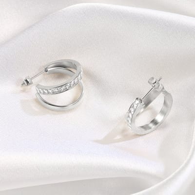 Dubbele Oorringen met Kristallen | Stainless Steel Zilver
