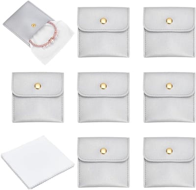 12 Stuks Mini Sieraden Tassen van PU Leer, 8x8cm Zachte Opvouwbare Tassen voor Sieradenopslag met 12 Glazen Doekjes voor Horloges, Kettingen en Armbanden - Grijs