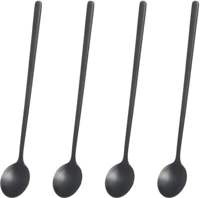 Plus - Set van 4 matzwarte koffielepels van roestvrij staal | Lange espressolepels 17,5 cm | Geschikt voor ijskoffie, ijsthee, milkshakes en meer
